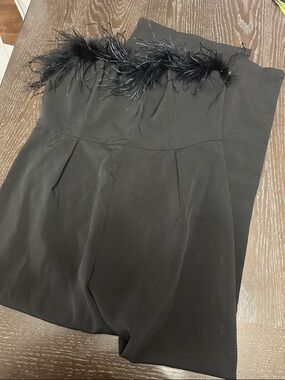 Lena Black Strapless Feather Trim Jumpsuit